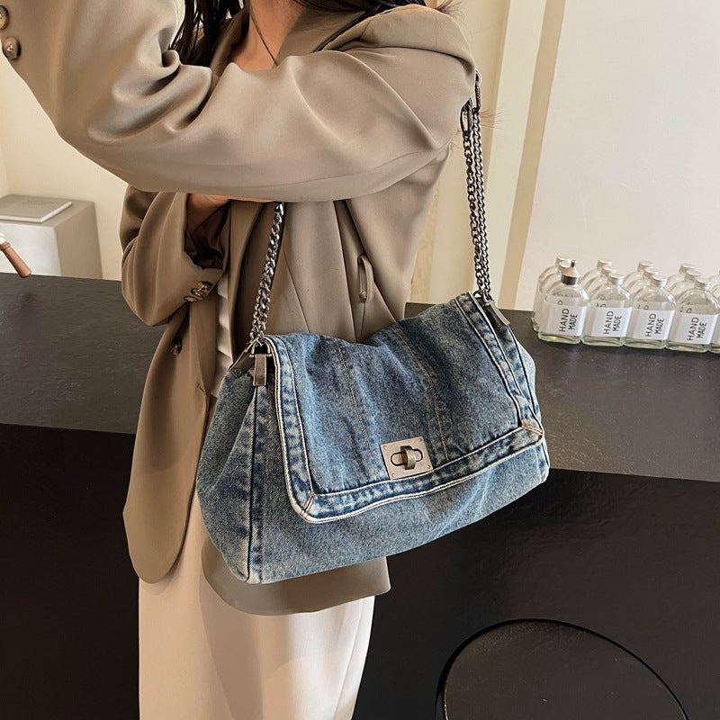 Vintage Denim Schoudertas met Kettingriem en Draaisluiting-4