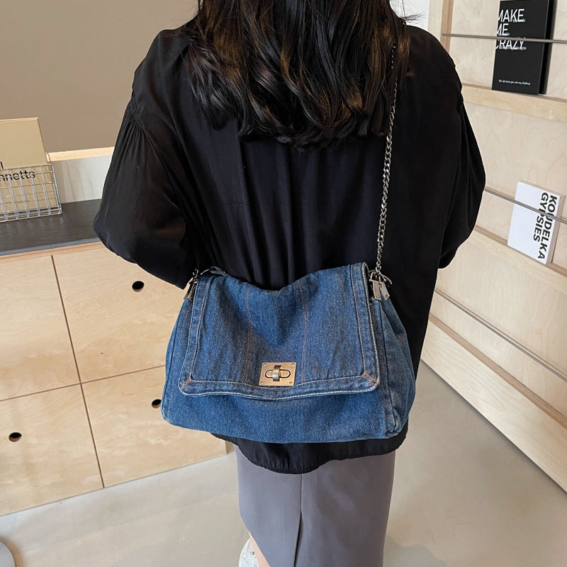 Vintage Denim Schoudertas met Kettingriem en Draaisluiting-5