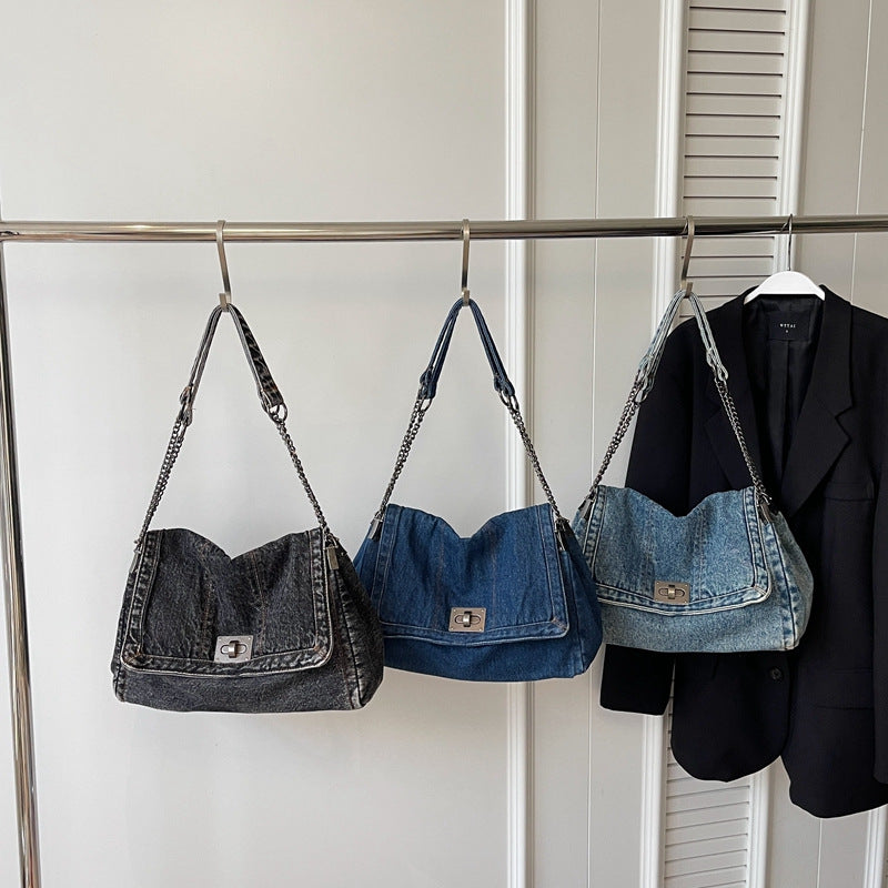 Vintage Denim Schoudertas met Kettingriem en Draaisluiting-7