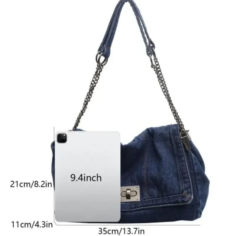 Vintage Denim Schoudertas met Kettingriem en Draaisluiting-8