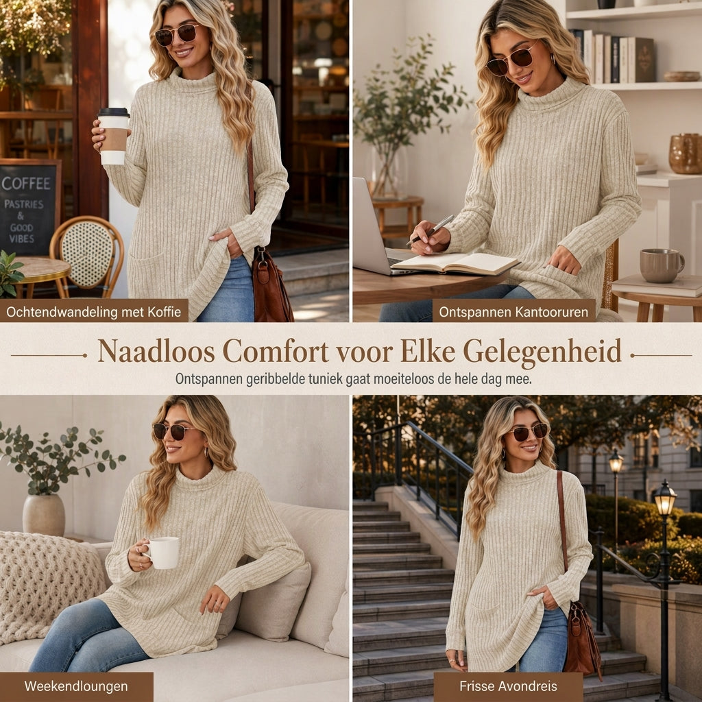 Geribde Gebreide Tuniek met Col en Zijzakken-6