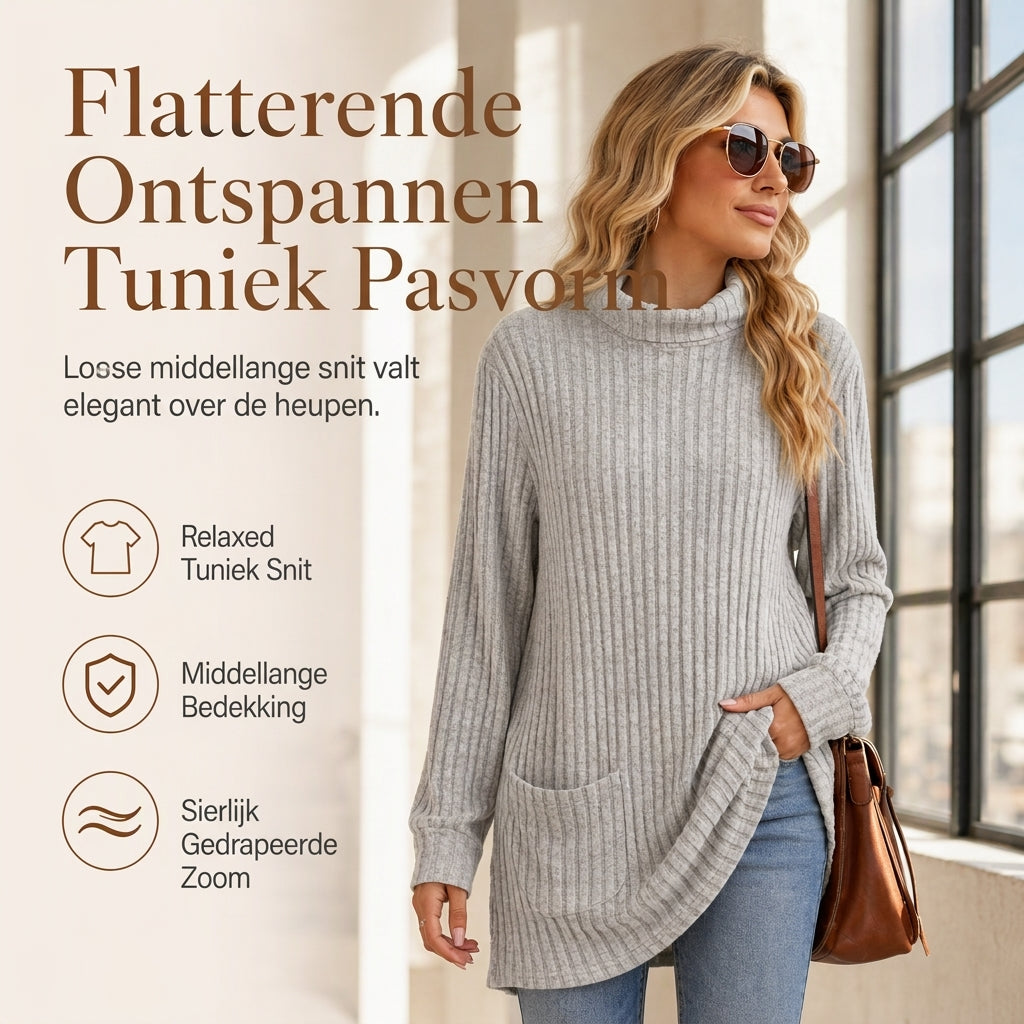Geribde Gebreide Tuniek met Col en Zijzakken-5