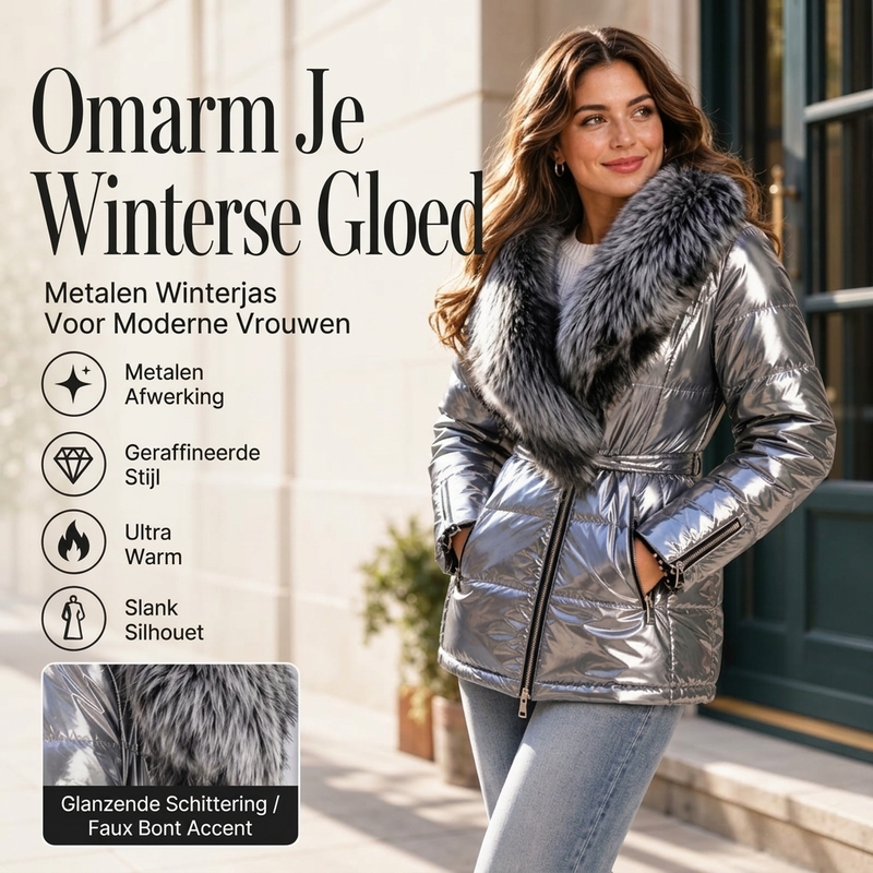 Metallic gewatteerde winterjas met imitatiebontkraag