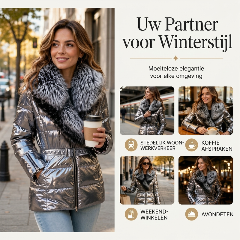 Metallic gewatteerde winterjas met imitatiebontkraag-4