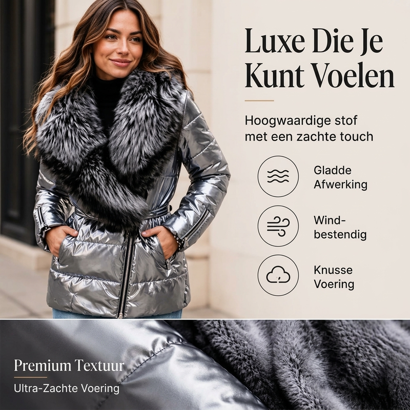 Metallic gewatteerde winterjas met imitatiebontkraag-3