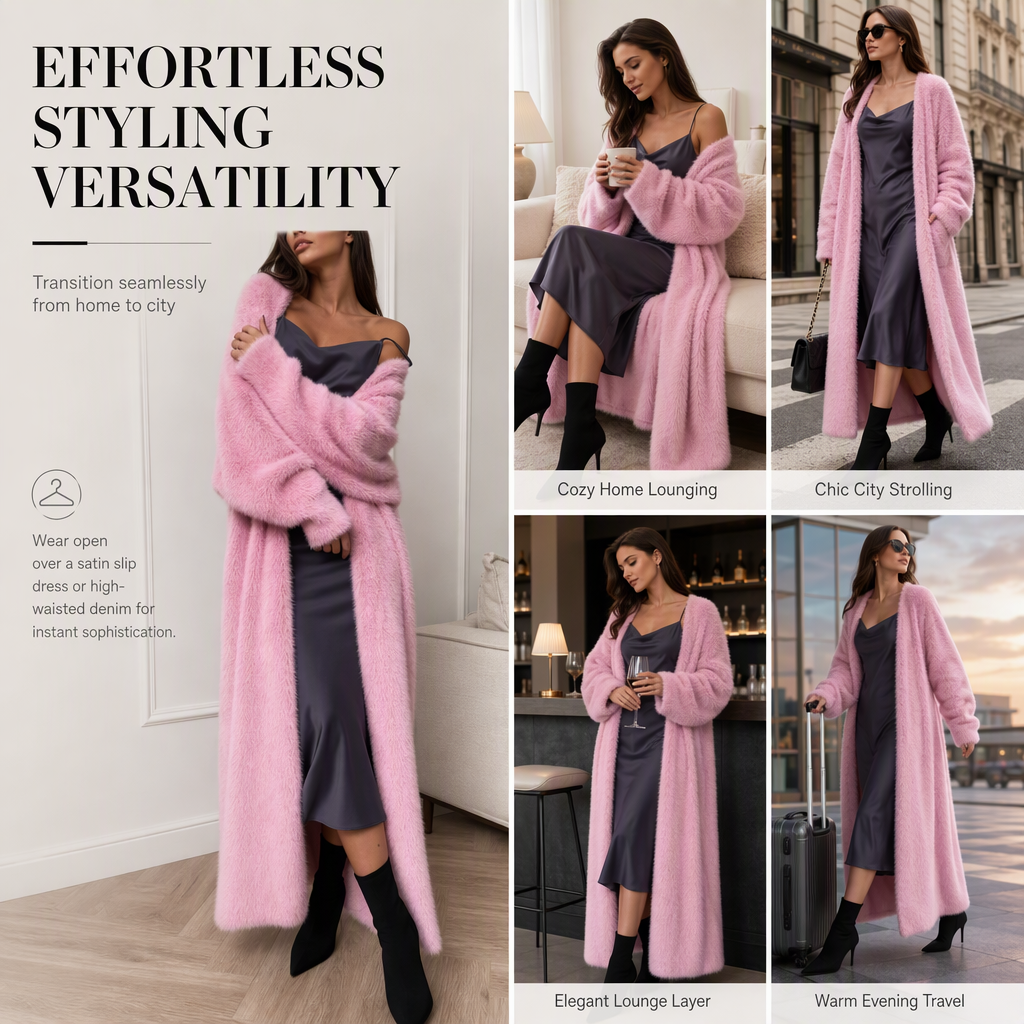 Elegante Lange Pluche Cardigan met Open Voorzijde en Zakken-5