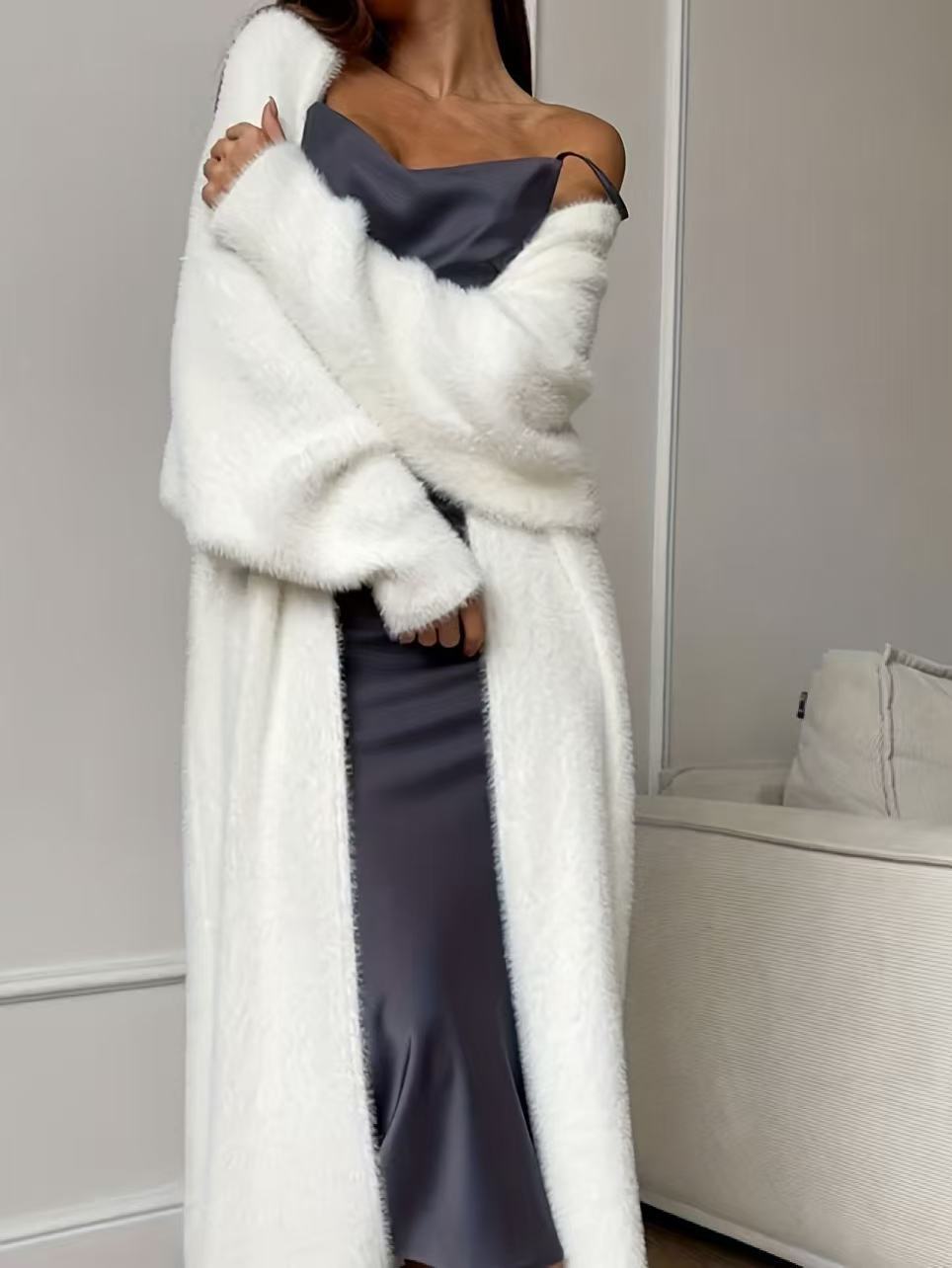 Elegante Lange Pluche Cardigan met Open Voorzijde en Zakken-8