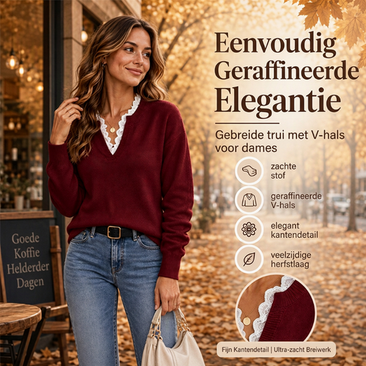Elegante Gebreide Trui met V-Hals en Kanten Detail