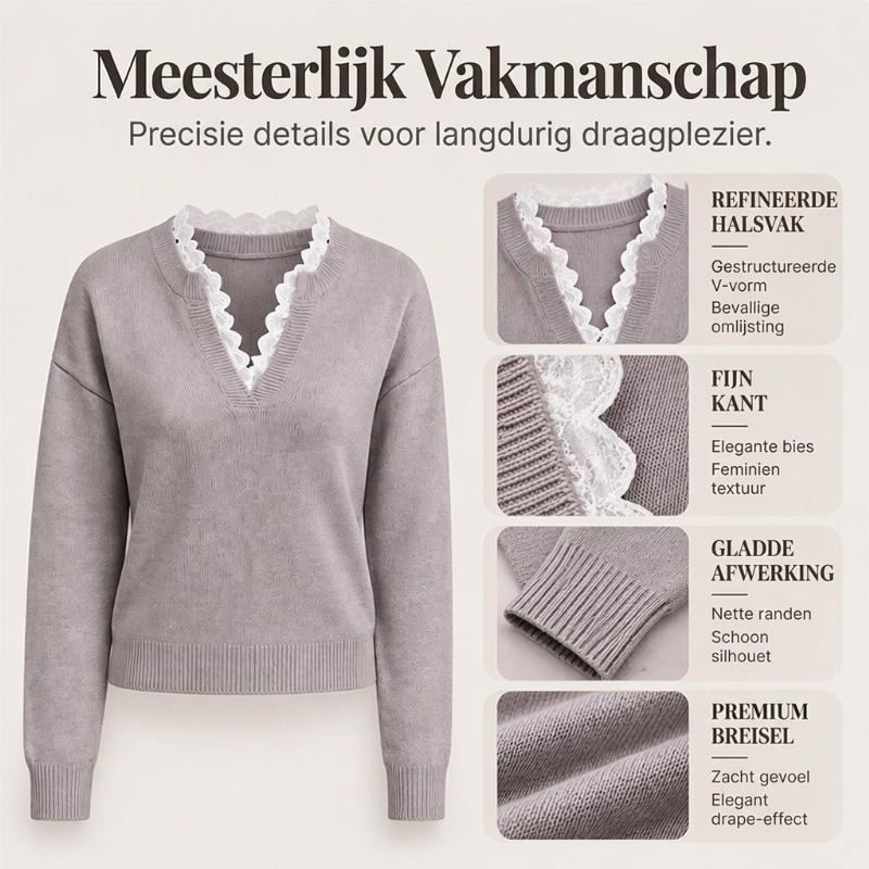 Elegante Gebreide Trui met V-Hals en Kanten Detail-1