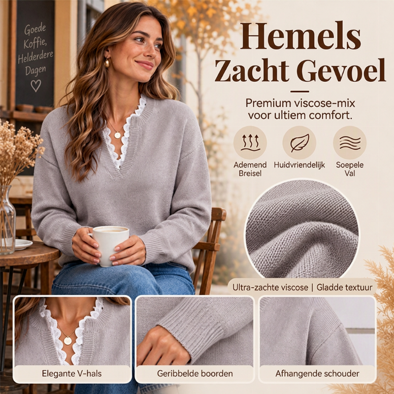 Elegante Gebreide Trui met V-Hals en Kanten Detail-3