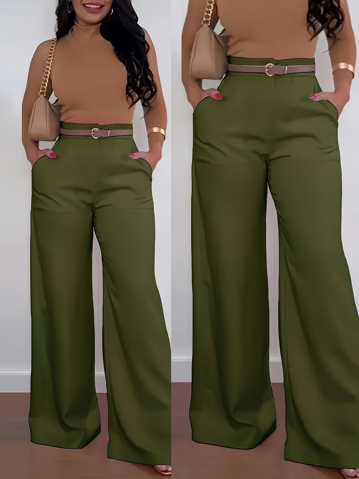 Elegante High-Waist Pantalon met Wijde Pijpen en Zijzakken-30