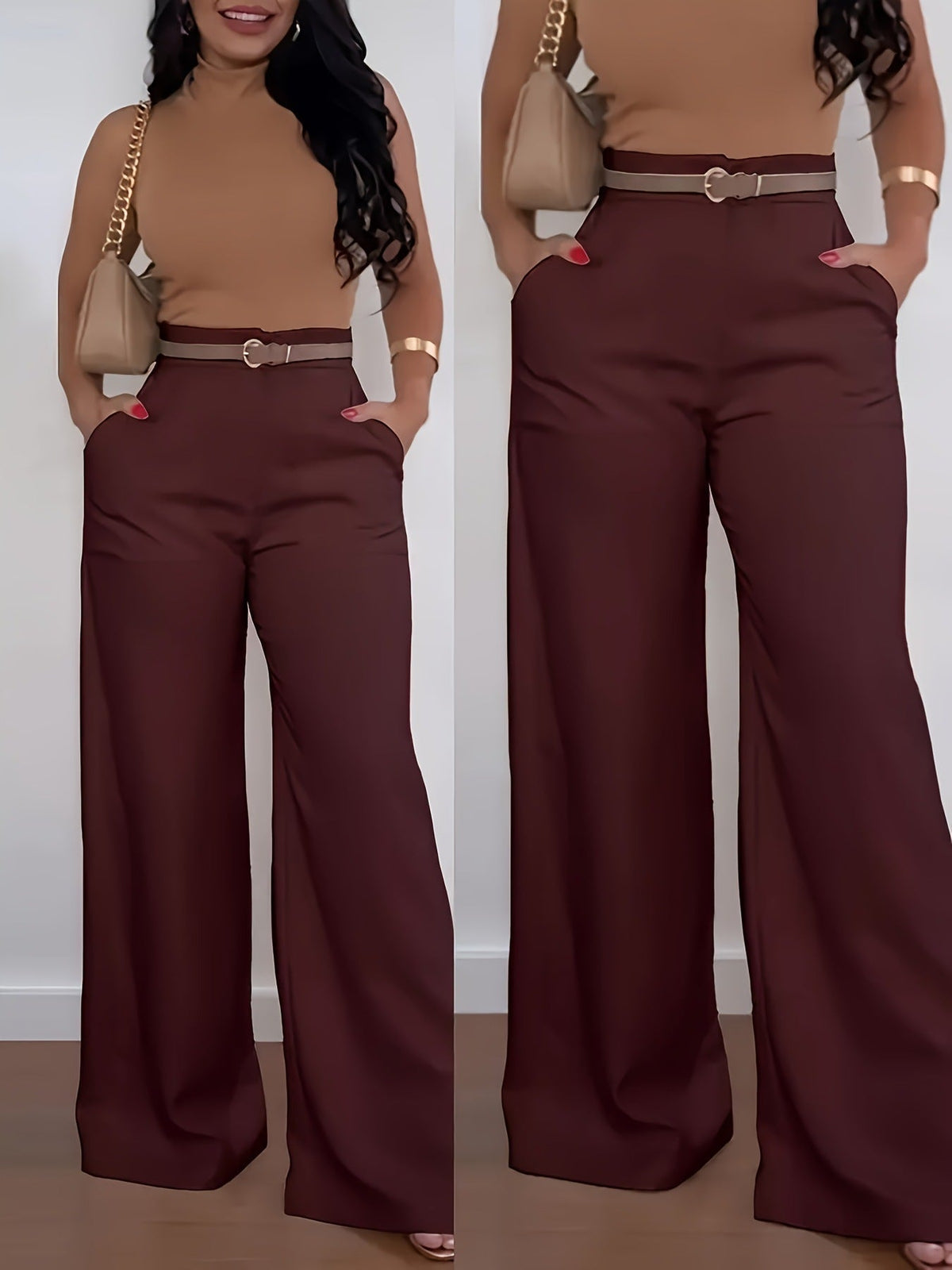 Elegante High-Waist Pantalon met Wijde Pijpen en Zijzakken-29