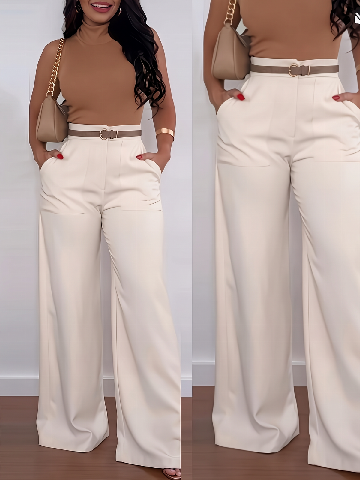 Elegante High-Waist Pantalon met Wijde Pijpen en Zijzakken-28