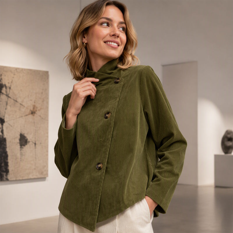 Asymmetrisch Corduroy Jasje met Opstaande Kraag en Knoopsluiting-6
