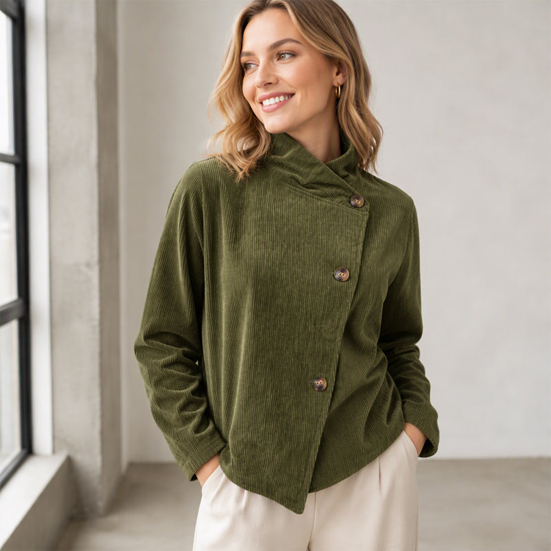 Asymmetrisch Corduroy Jasje met Opstaande Kraag en Knoopsluiting-7