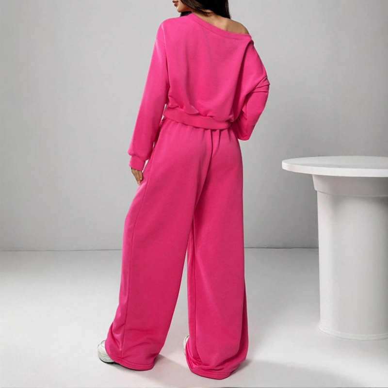 2-Delige Lounge Set met Off-Shoulder Crop Top en Wijde Pijpen-2