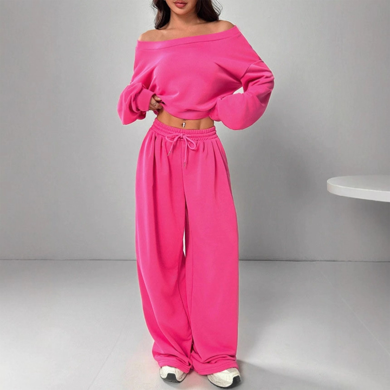 2-Delige Lounge Set met Off-Shoulder Crop Top en Wijde Pijpen-1