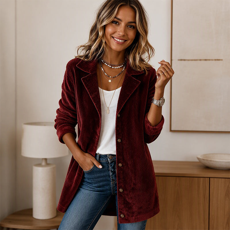 Lange Corduroy Blazerjas met Reverskraag en Knoopsluiting-7