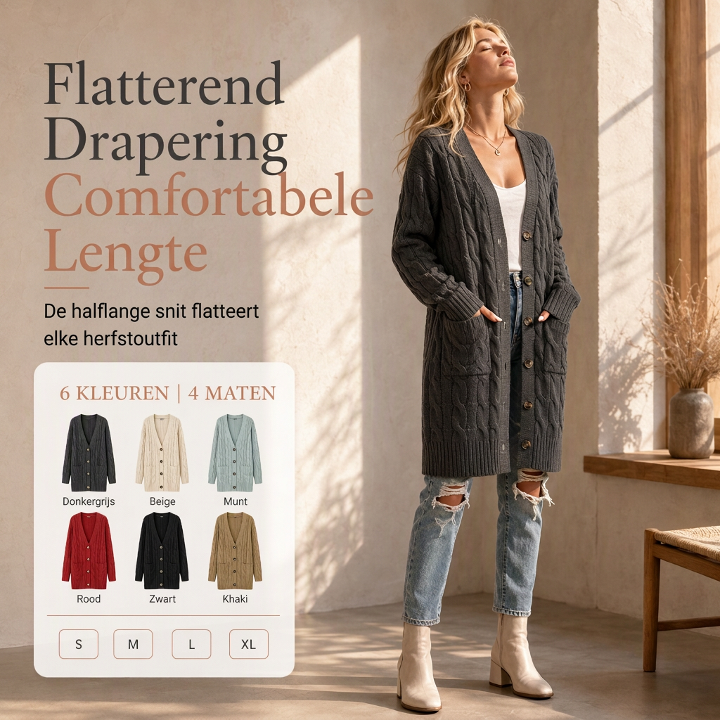 Lange Kabelgebreide Cardigan met Knoopsluiting en Grote Zakken-3