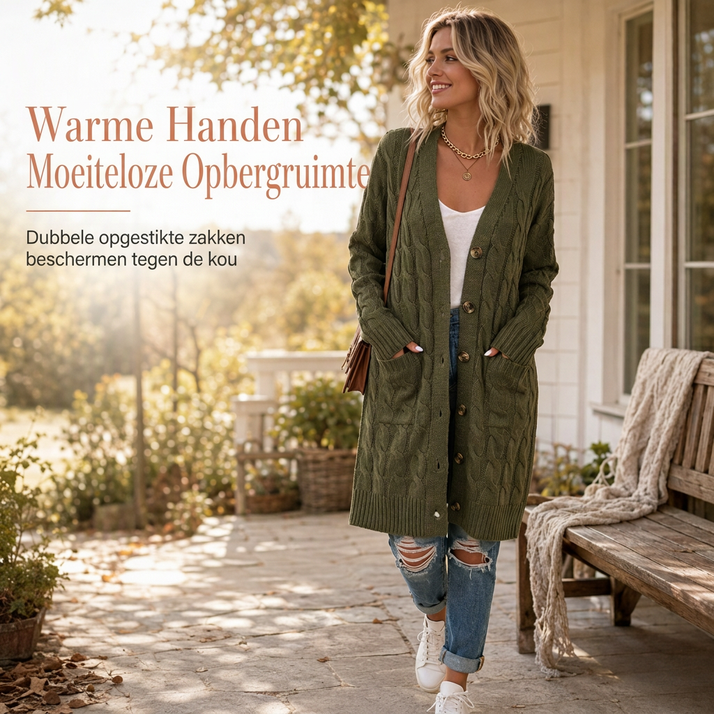 Lange Kabelgebreide Cardigan met Knoopsluiting en Grote Zakken-2