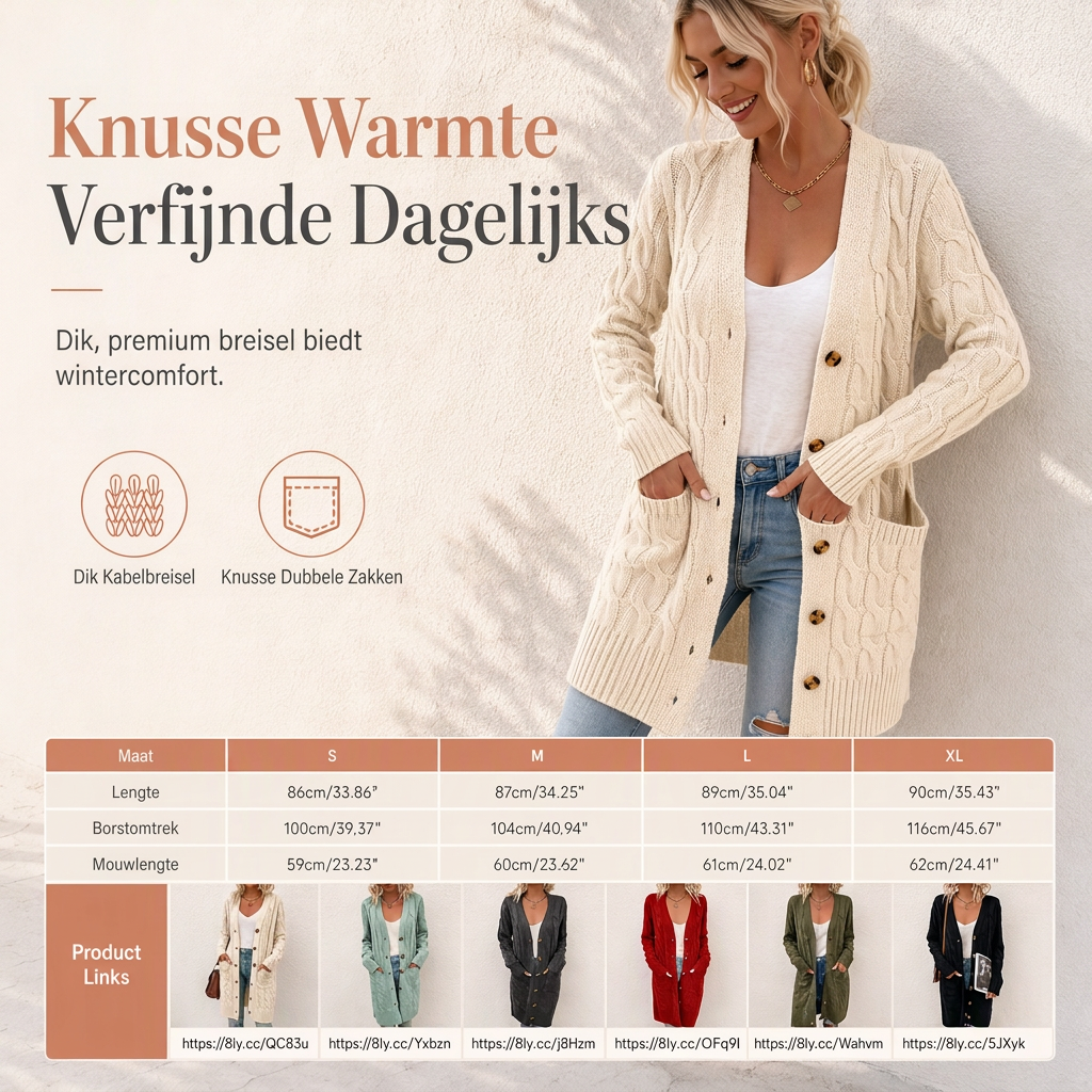 Lange Kabelgebreide Cardigan met Knoopsluiting en Grote Zakken