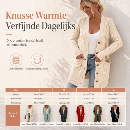 Lange Kabelgebreide Cardigan met Knoopsluiting en Grote Zakken