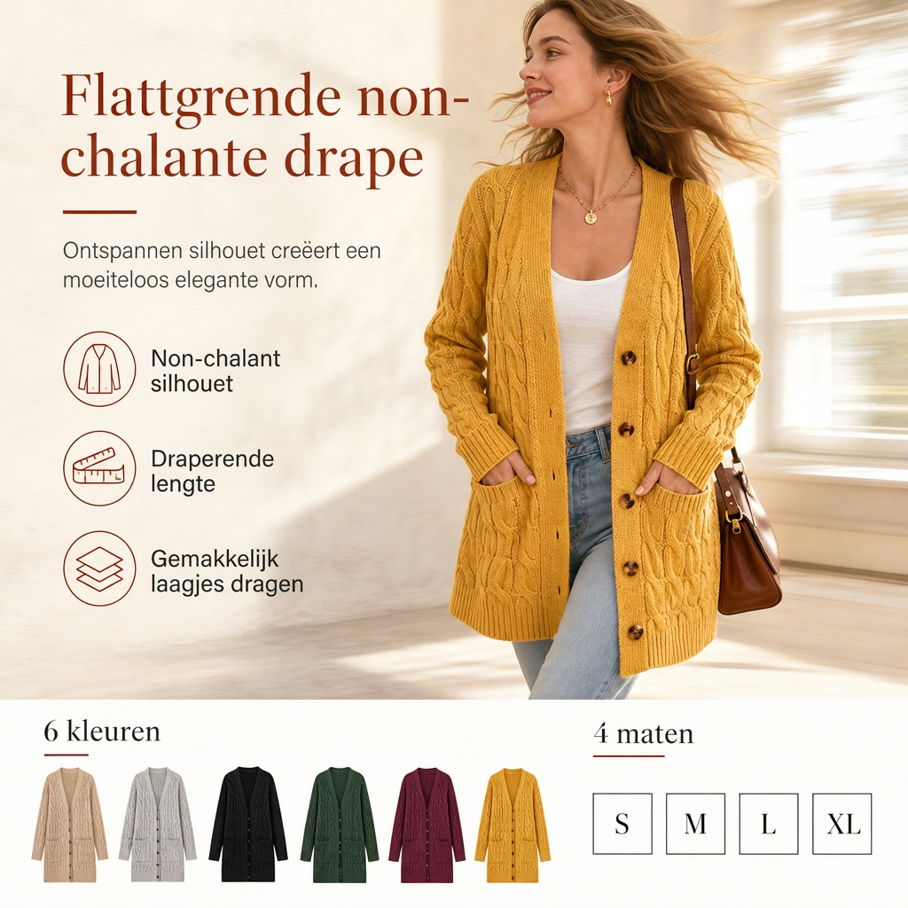 Lange Kabelgebreide Cardigan met Knoopsluiting en Grote Zakken-5