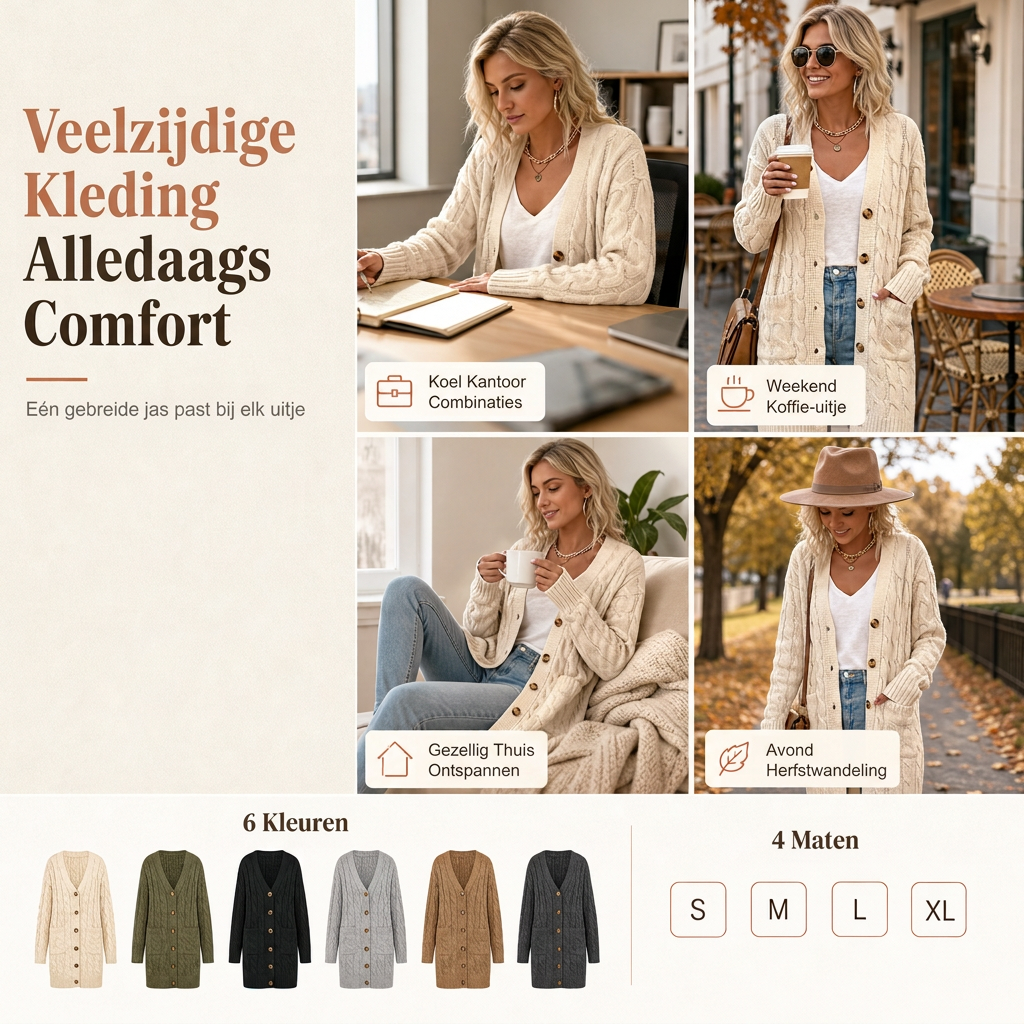 Lange Kabelgebreide Cardigan met Knoopsluiting en Grote Zakken-6