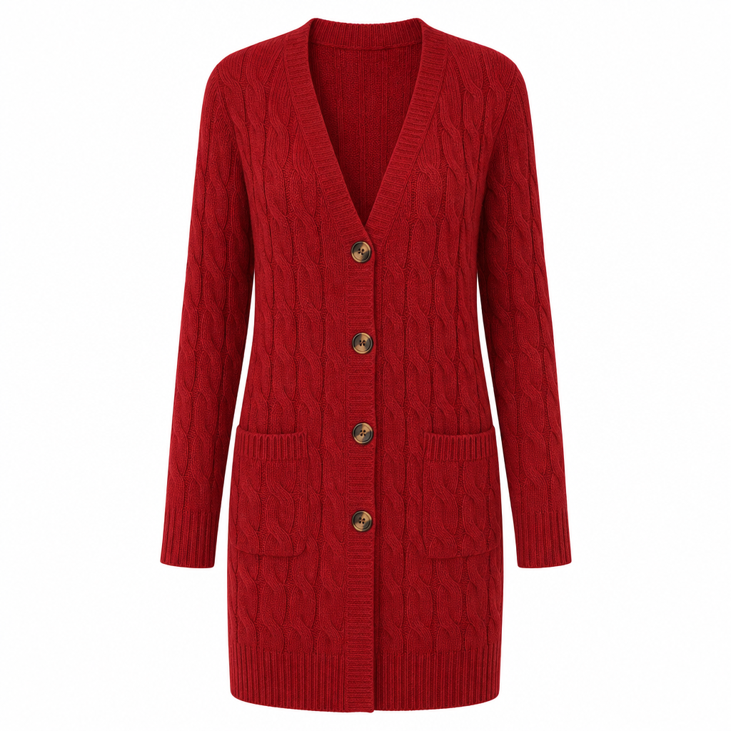 Lange Kabelgebreide Cardigan met Knoopsluiting en Grote Zakken-8