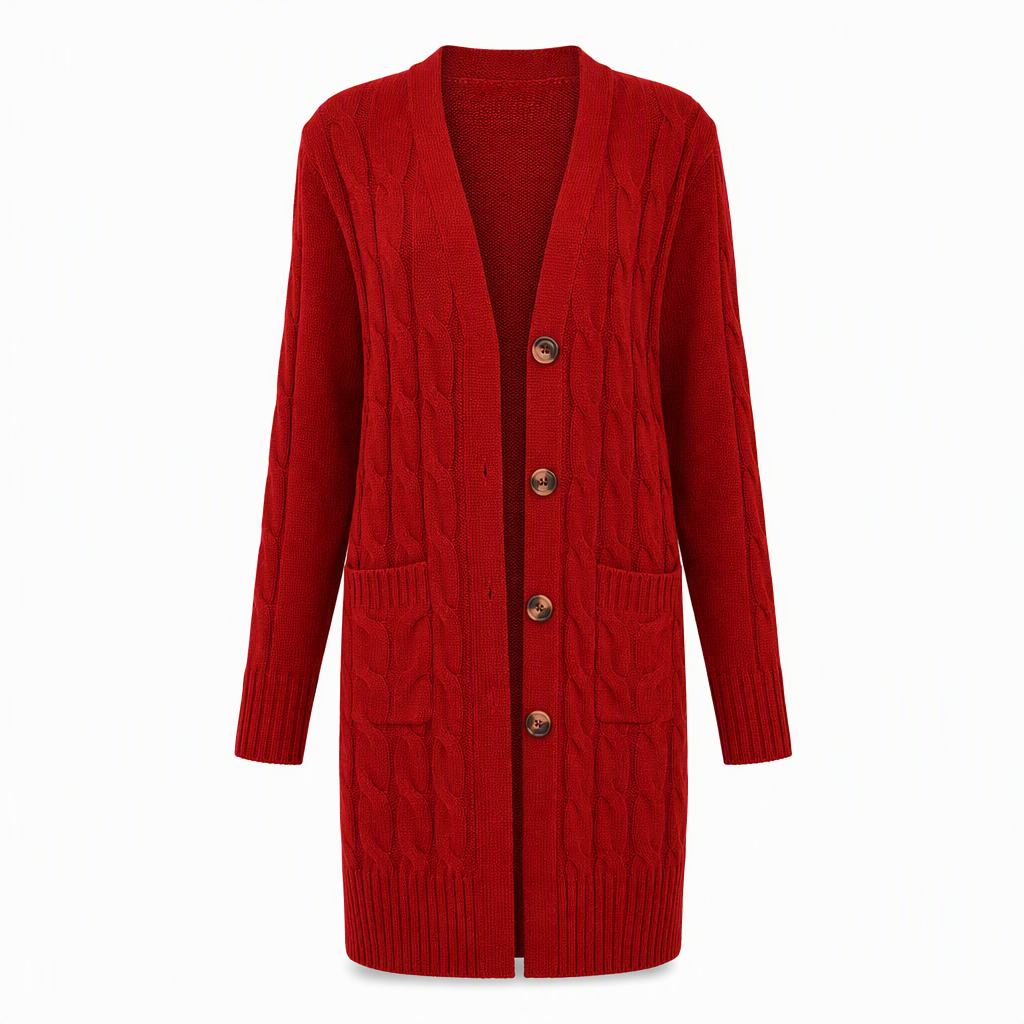Lange Kabelgebreide Cardigan met Knoopsluiting en Grote Zakken-9