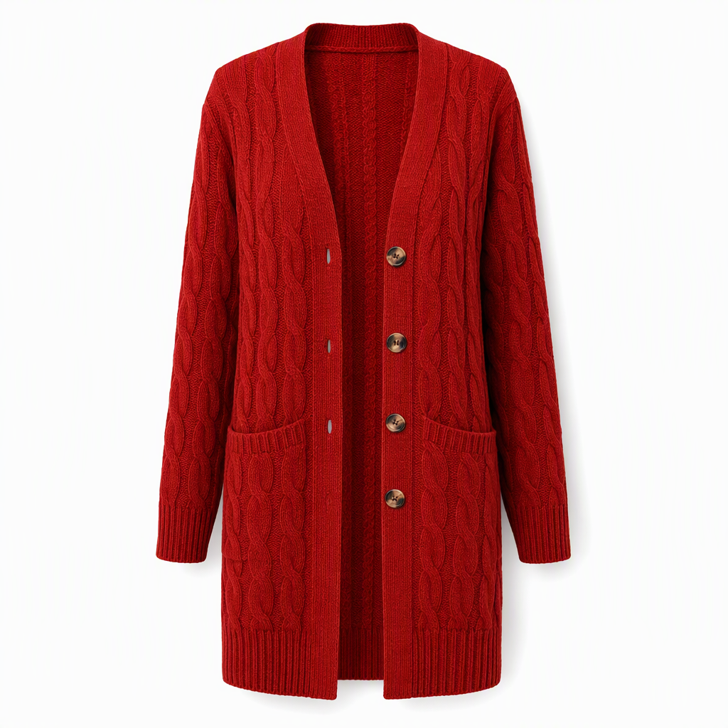 Lange Kabelgebreide Cardigan met Knoopsluiting en Grote Zakken-11