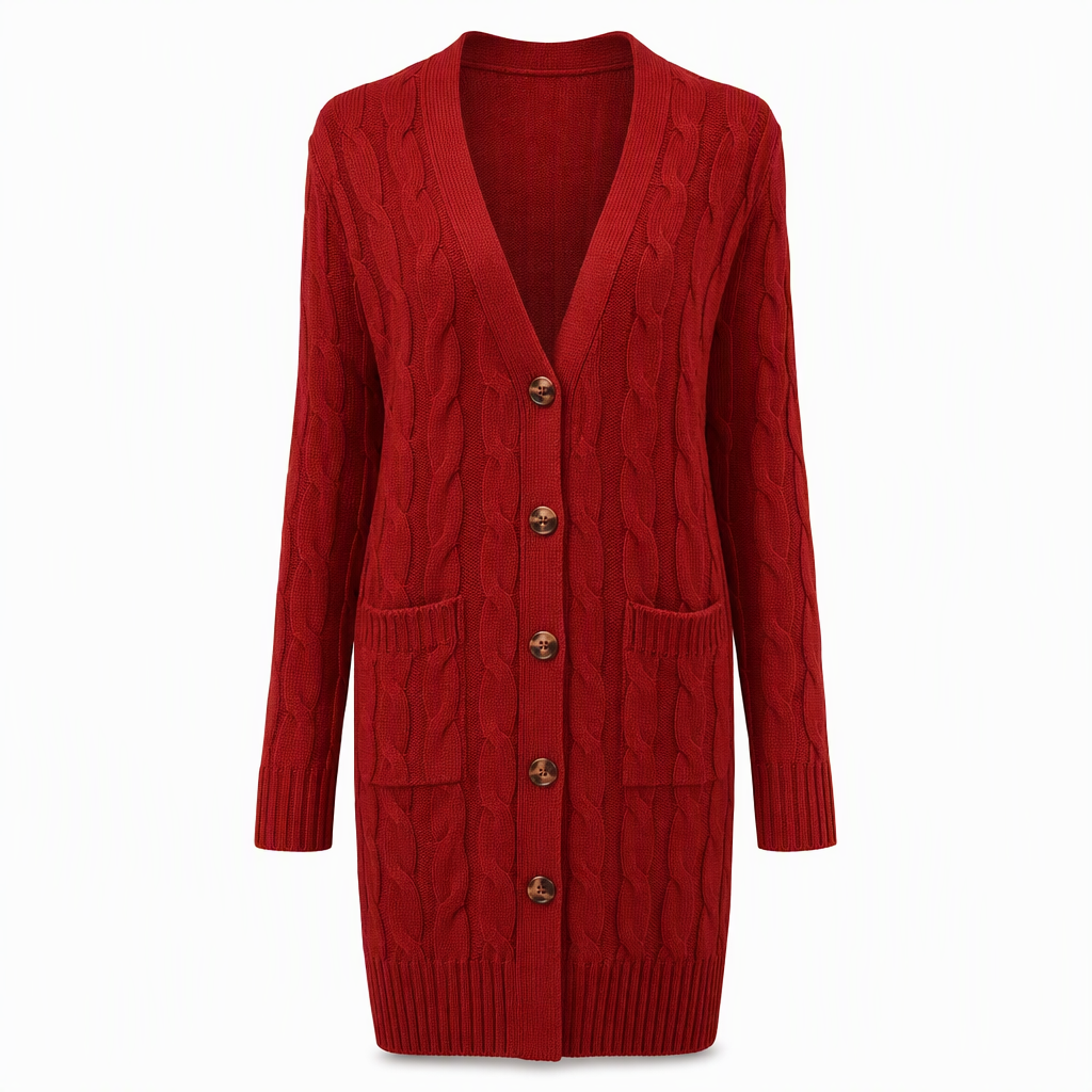 Lange Kabelgebreide Cardigan met Knoopsluiting en Grote Zakken-10