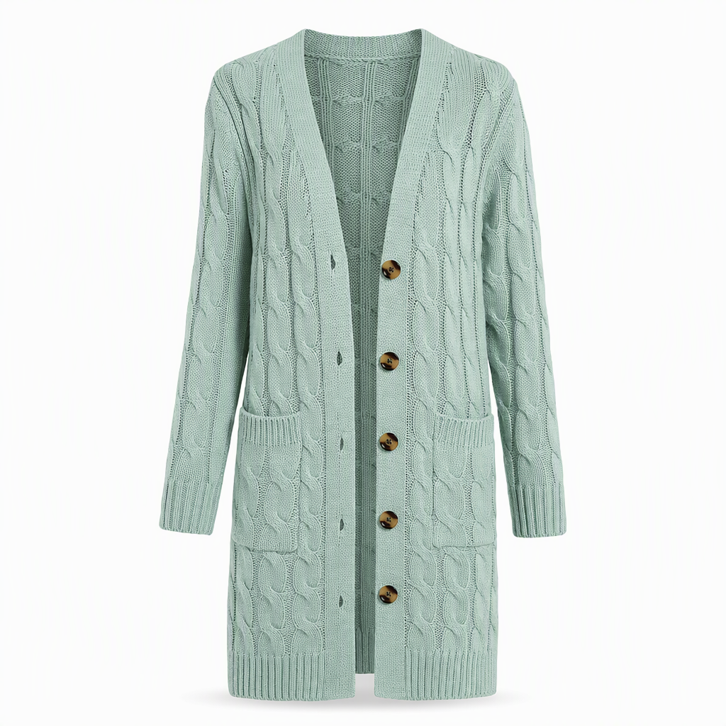 Lange Kabelgebreide Cardigan met Knoopsluiting en Grote Zakken-12