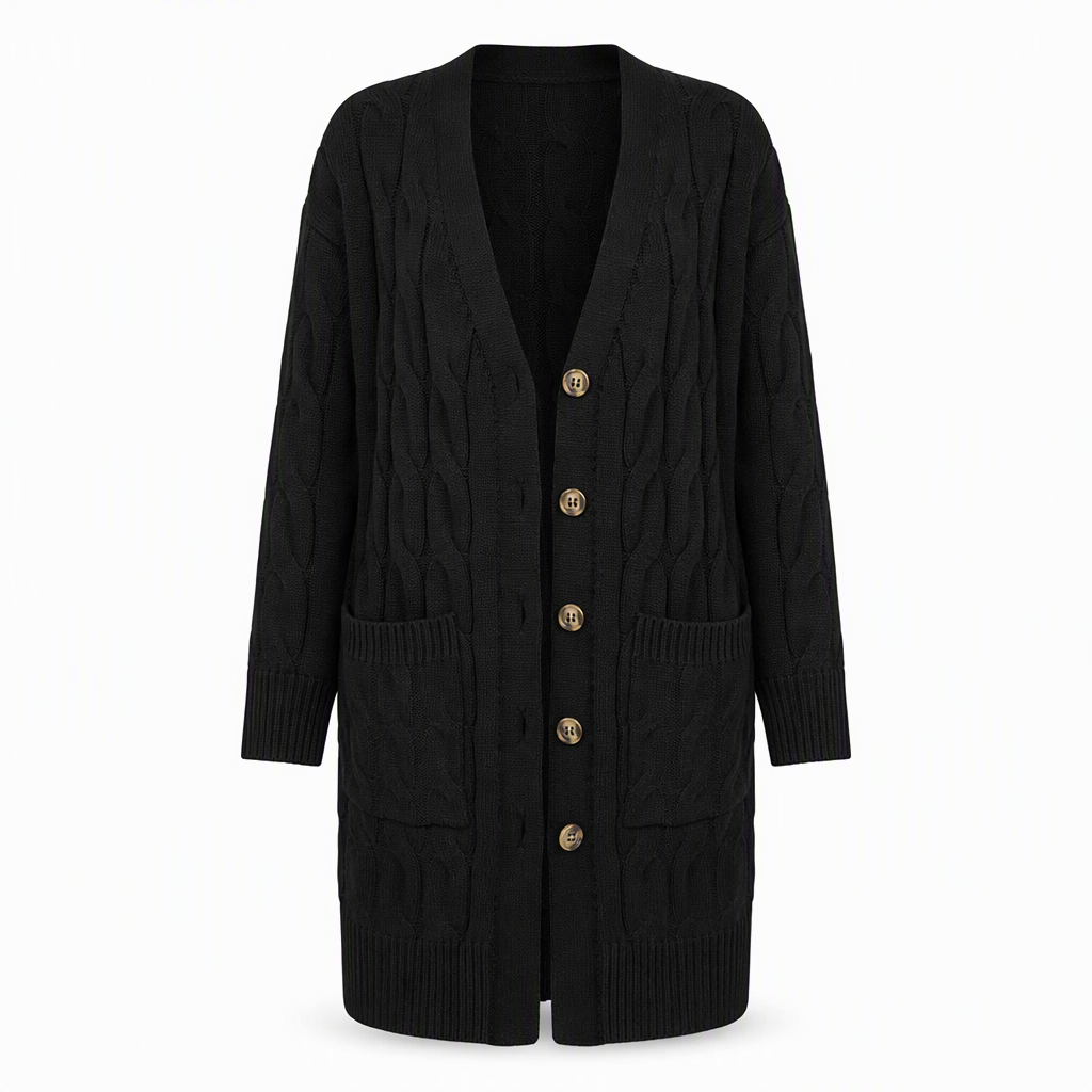 Lange Kabelgebreide Cardigan met Knoopsluiting en Grote Zakken-13