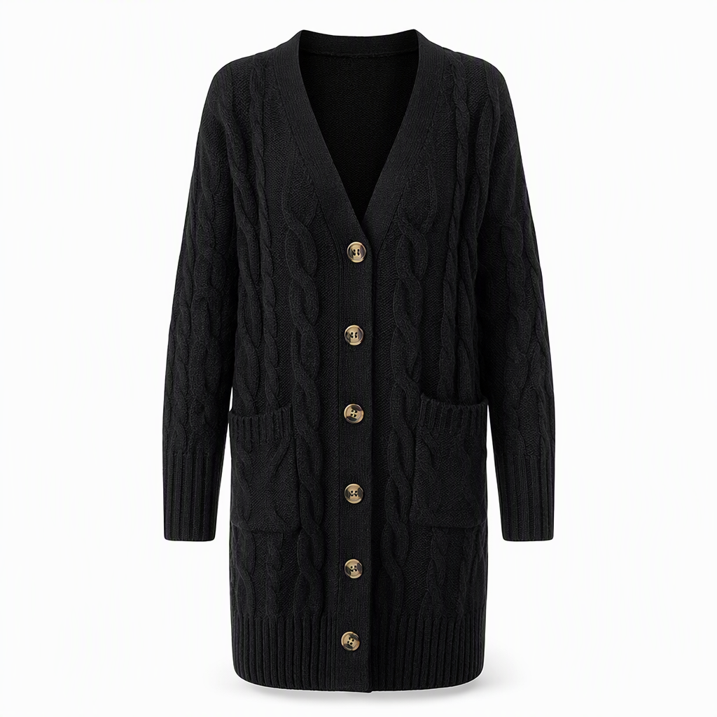 Lange Kabelgebreide Cardigan met Knoopsluiting en Grote Zakken-14