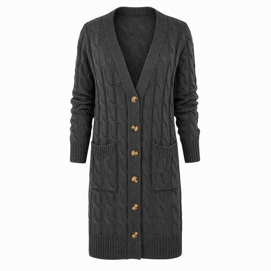 Lange Kabelgebreide Cardigan met Knoopsluiting en Grote Zakken-17