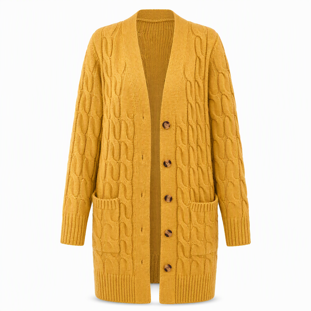 Lange Kabelgebreide Cardigan met Knoopsluiting en Grote Zakken-18