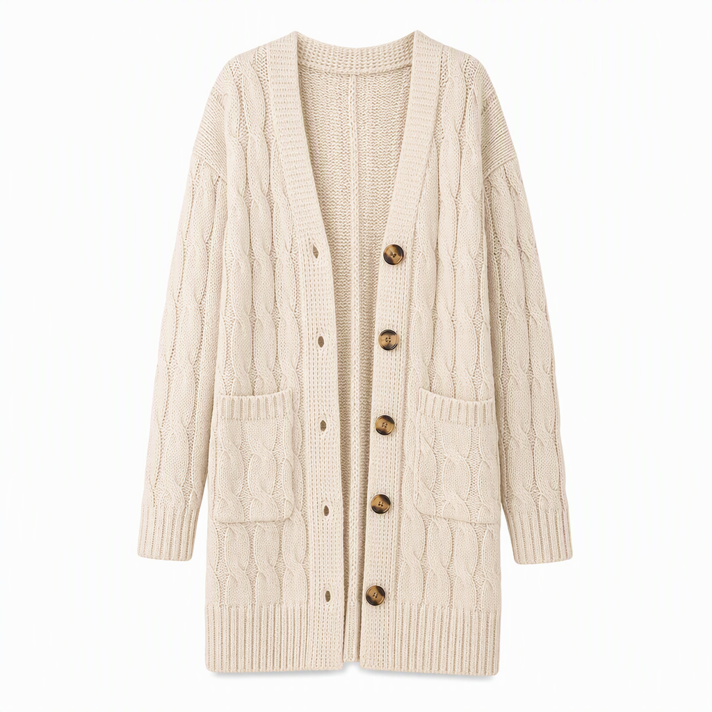 Lange Kabelgebreide Cardigan met Knoopsluiting en Grote Zakken-25