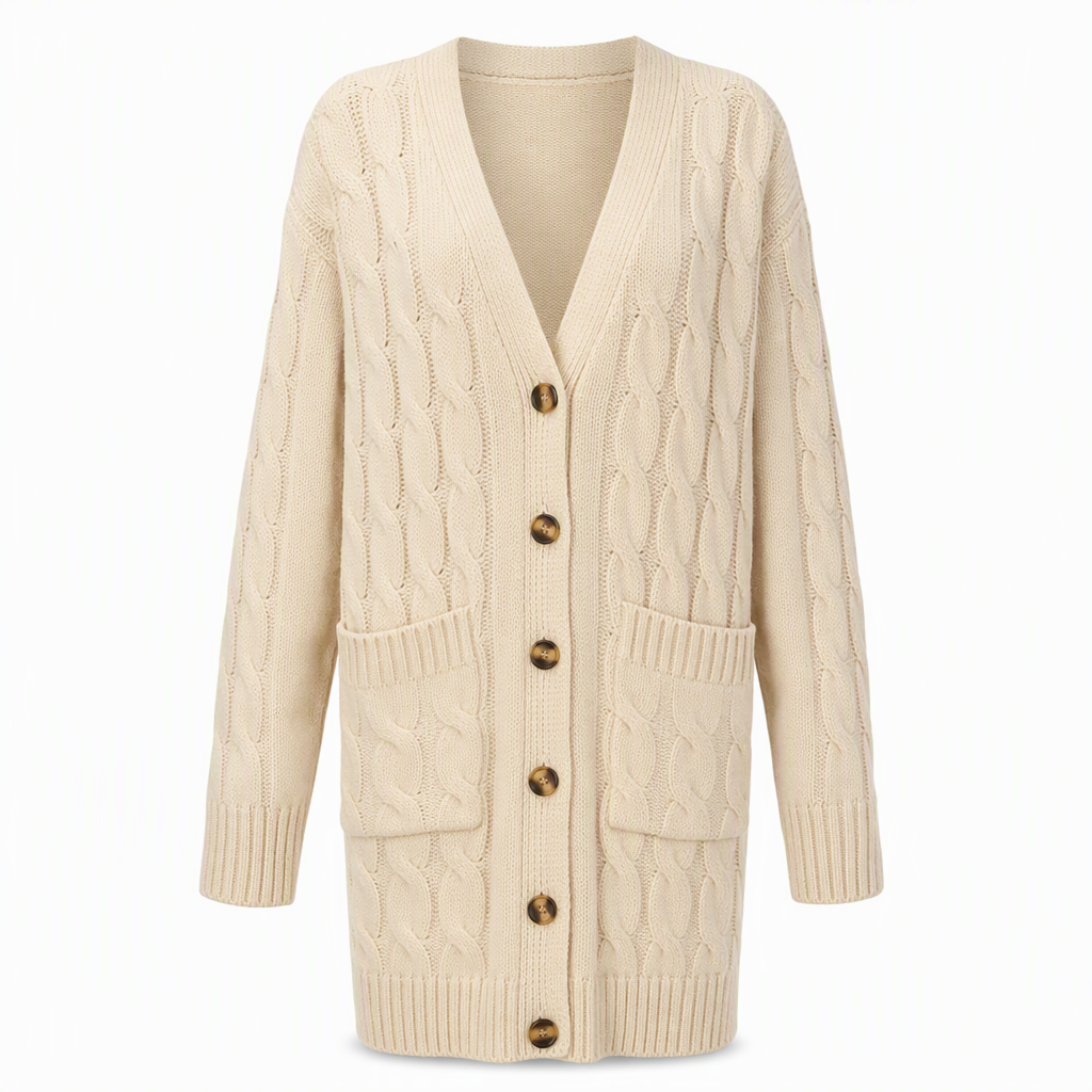 Lange Kabelgebreide Cardigan met Knoopsluiting en Grote Zakken-23