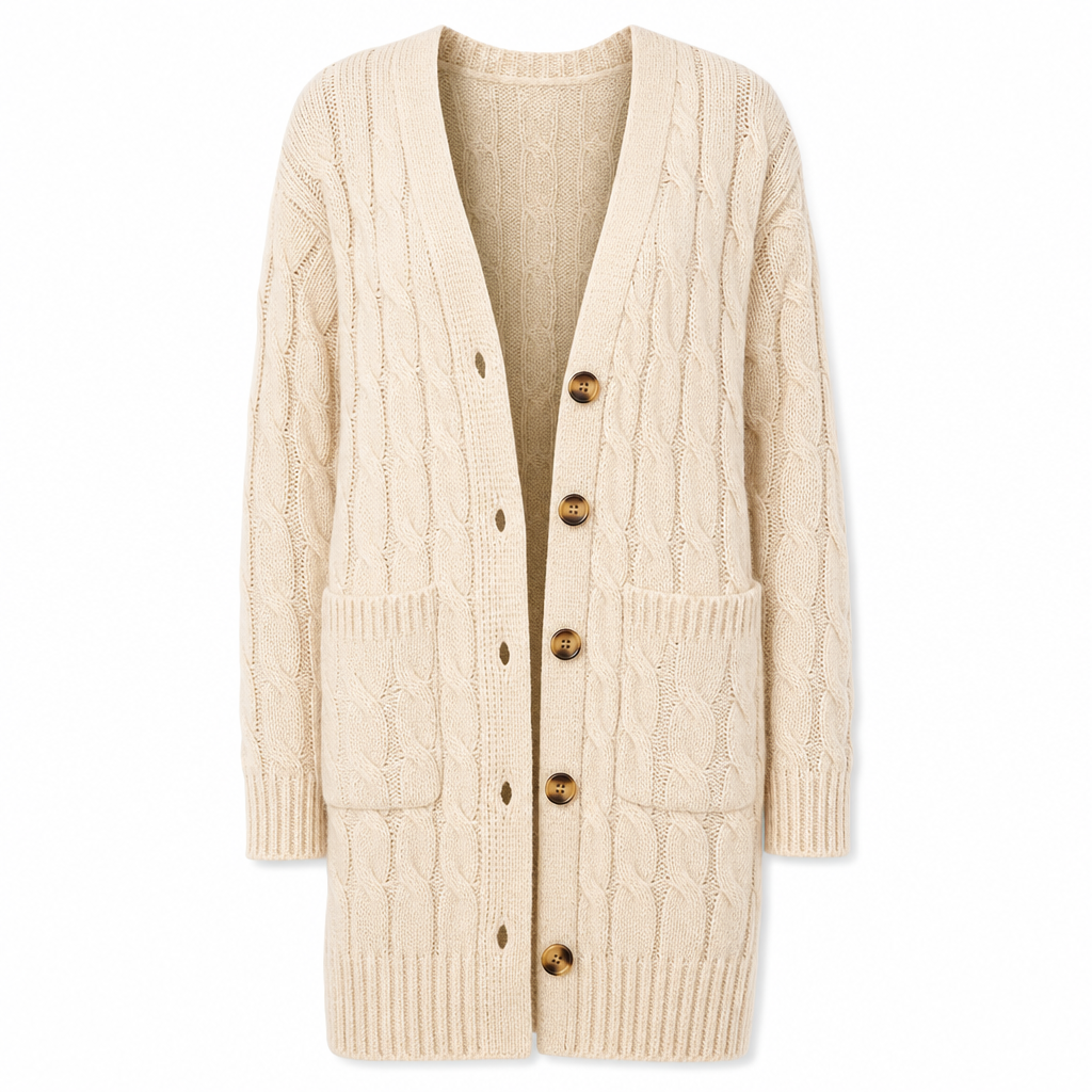 Lange Kabelgebreide Cardigan met Knoopsluiting en Grote Zakken-24