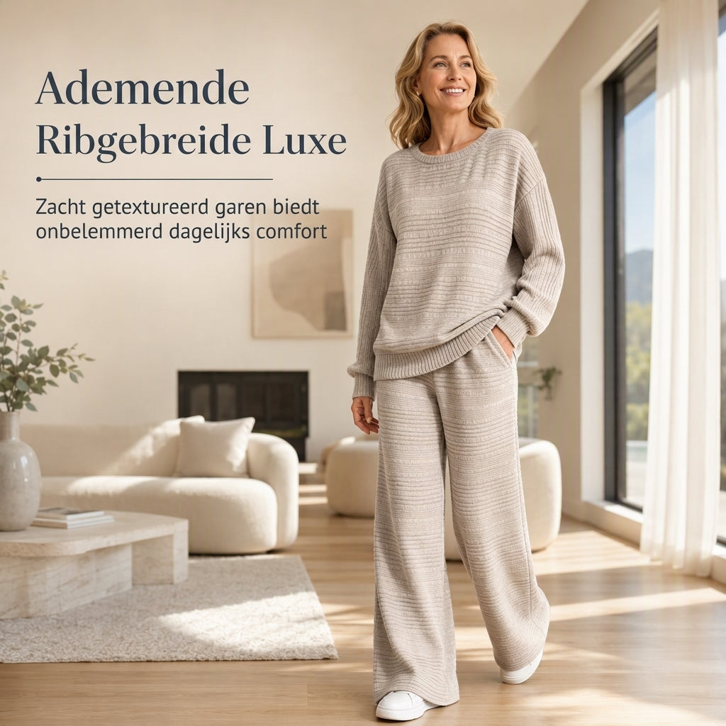 2-Delige Geribde Gebreide Lounge Set met Wijde Pijpen-4
