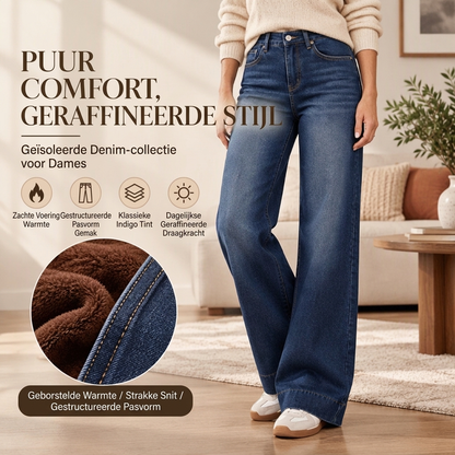Warme gevoerde high-waist jeans met wijde pijpen