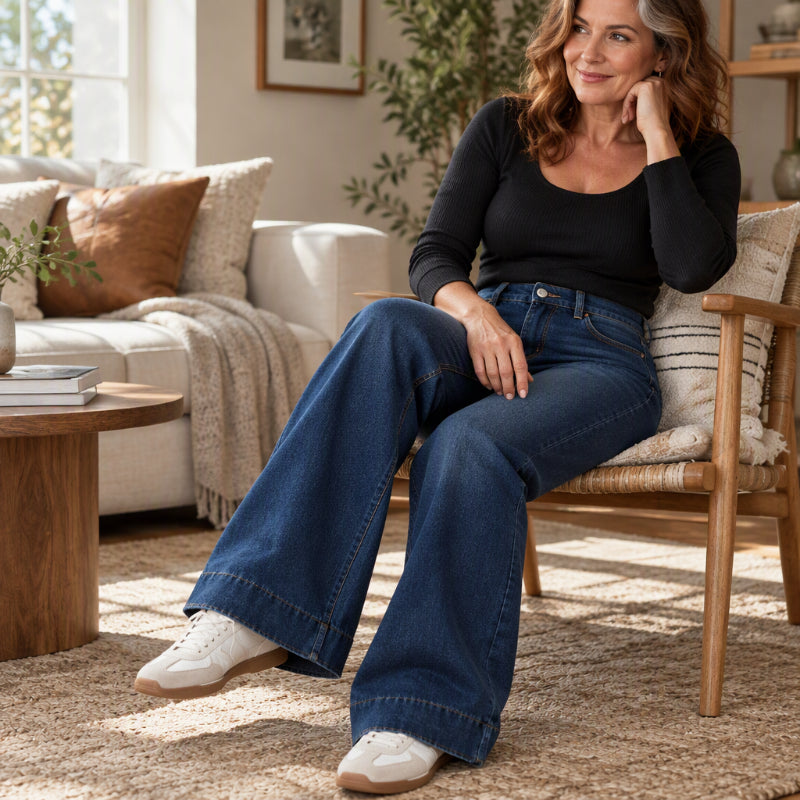 Warme gevoerde high-waist jeans met wijde pijpen-7