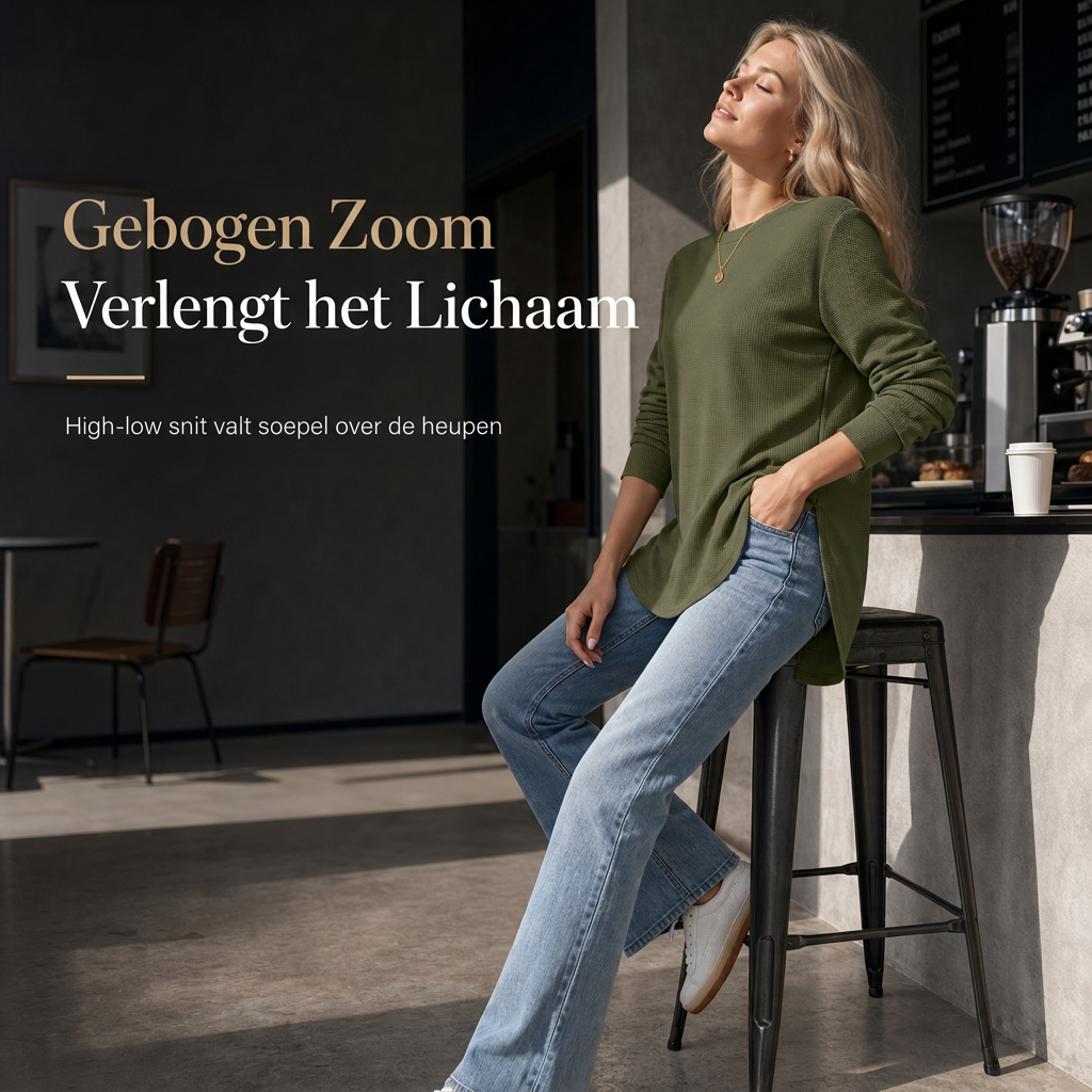 Zachte Wafelgebreide Top met Ronde Hals en Gebogen Zoom-3