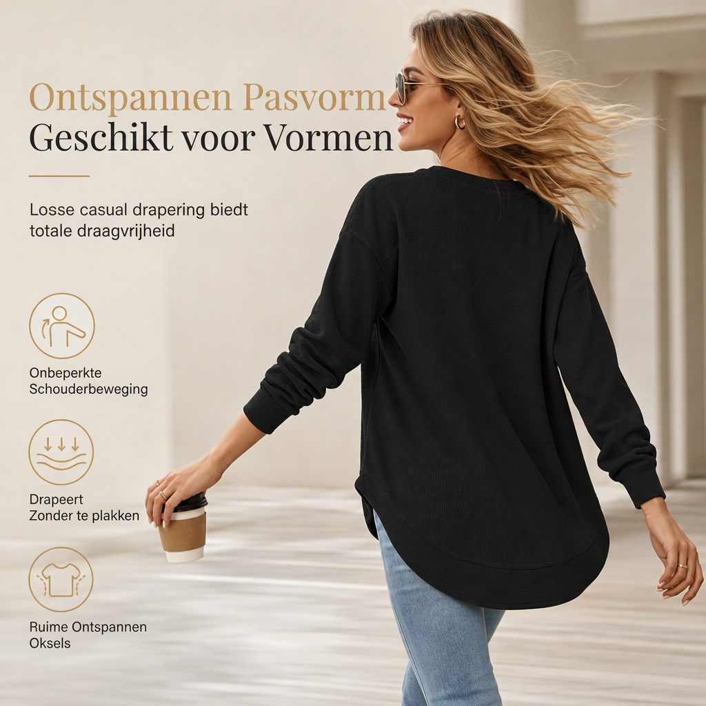 Zachte Wafelgebreide Top met Ronde Hals en Gebogen Zoom-5