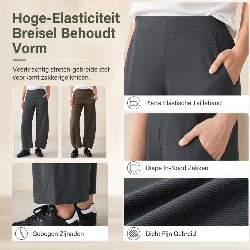 Comfortabele Broek met Gebogen Pijpen, Elastische Taille en Zakken-3