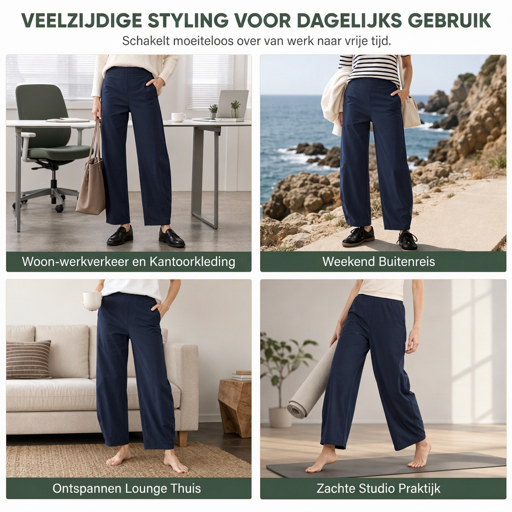 Comfortabele Broek met Gebogen Pijpen, Elastische Taille en Zakken-4