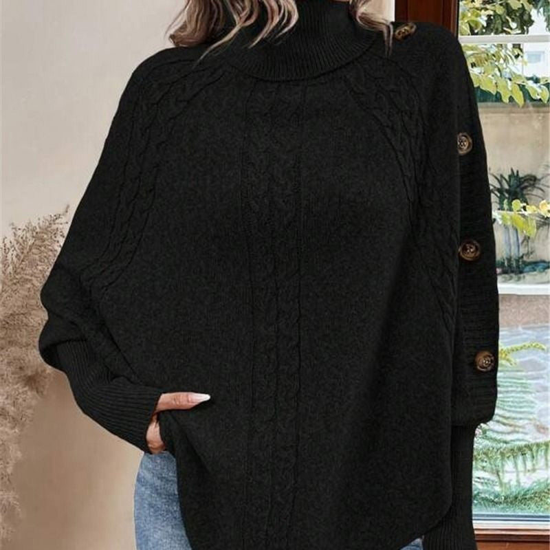 Kabelgebreide Poncho Trui met Col en Decoratieve Knopen-3