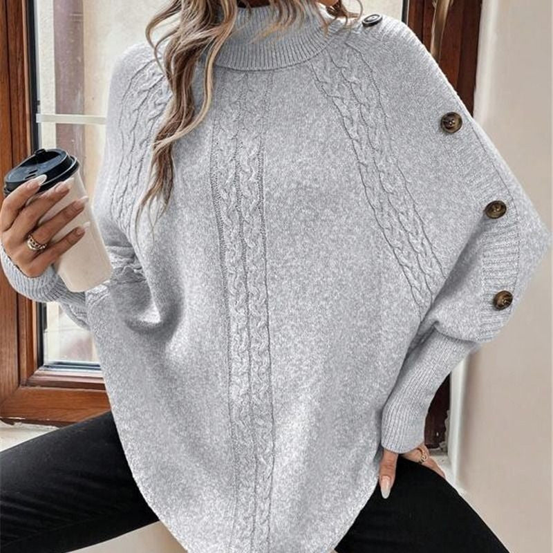 Kabelgebreide Poncho Trui met Col en Decoratieve Knopen-7