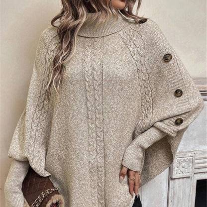 Kabelgebreide Poncho Trui met Col en Decoratieve Knopen